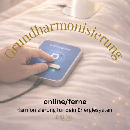 Hand berührt ein Gerät zur Harmonisierung des Energiesystems mit Text "Grundharmonisierung".